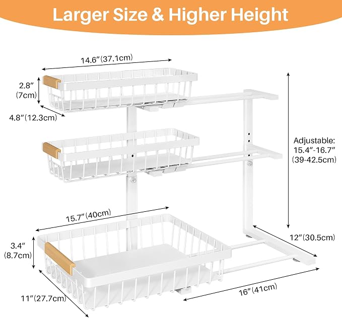 PXRACK Under Sink Organizer, 1-Pack 3-Tier Height Adjustable Thickened Metal Pull out Cabinet Organizer Shelf, Slide out Storage Drawer Rack for Bathroom Kitchen Pantry Home Organization, White - Image 8