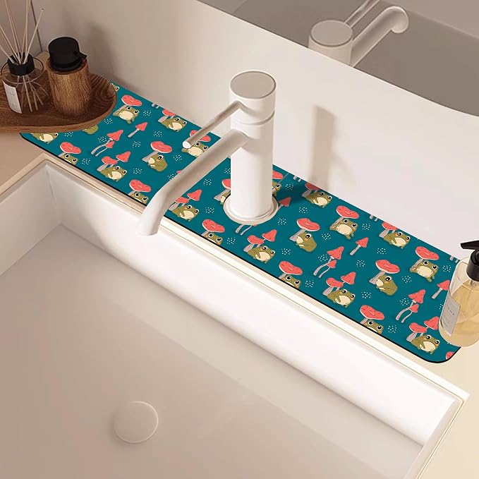 Cute Frog and Mushrooms Dish Drying Mat for Kitchen Sink Splash Guard Behind Faucet Sink Mat Absorbent Fast Drying Faucet Draining Mat for Bathroom Kitchen 5.5"×24" - Image 2