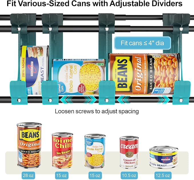 Can Organizer for Pantry - Auto-Rolling, Expands to Hold 60 Cans | Stackable For Walk-in Deep Pantry Shelf, Adjustable Width for Food Cans, Sturdy Metal Frame, Easy Access & Restocking, Black - Image 3