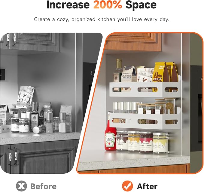2-Pack Magnetic Spice Rack for Refrigerator with Hooks, White | Strong multipurpose magnetic shelf for kitchen & bathroom organization. Includes 4 removable hooks for hanging items. - Image 3