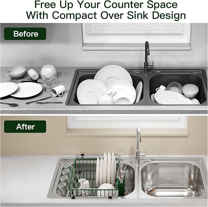 Grey Dish Drying Rack Over The Sink with Utensil Holder, Mat | Expandable Stainless Steel Dish Drainer for Small Kitchen, Apartment, RV, Counter Space Saving, Perfect Fit, Rustproof - Image 2