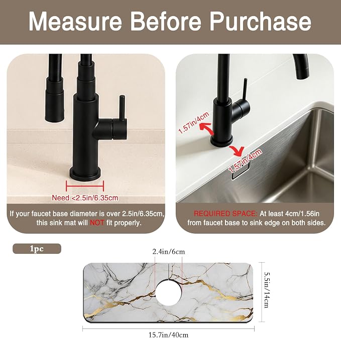 Faucet Mat for Kitchen Sink White Gold Marble Texture Sink Splash Guard Behind Faucet Soft Diatom Mud Material Non-slip Easy to Clean for Bathroom & Kitchen 15"X5.5" - Image 2