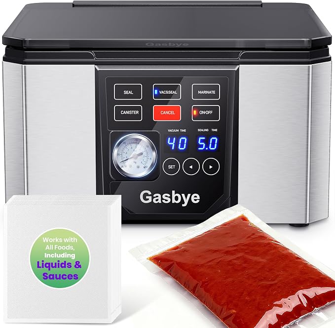 Chamber Vacuum Sealer – 5.3QT Large Chamber, Replaceable 11.5" Sealing Bar with Double Seal, Perfect for Meats, Soups, Sauces & Liquids, Includes 30 Pre-Cut Vacuum Bags, Stainless Steel by Gasbye