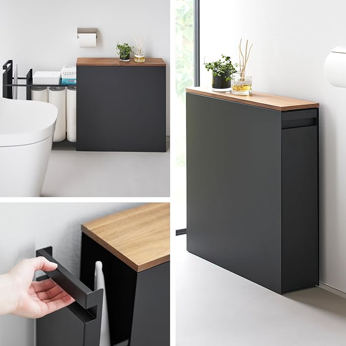 Yamazaki Home Pull-Out Bathroom Storage Cabinet with Wood Top, Black | Slim space-saving bathroom storage cabinet with a natural wood top. Clever pull-out design. Holds 12 rolls of toilet paper. - Image 6
