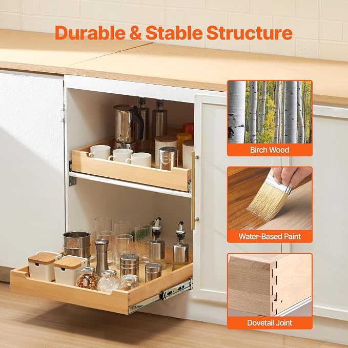VEVOR Pull Out Cabinet Organizer, 20"W x 21"D Cabinet Drawer, Soft Close Slide out Shelf, Heavy-Duty Sliding Wood Drawer, Bottom Mount Size（20.5"W x 23"D）and Side Mount Size（21"W x 23"D） | Heavy-Duty Sliding Shelf with Bottom or Side Mounting for Organ... - Image 2
