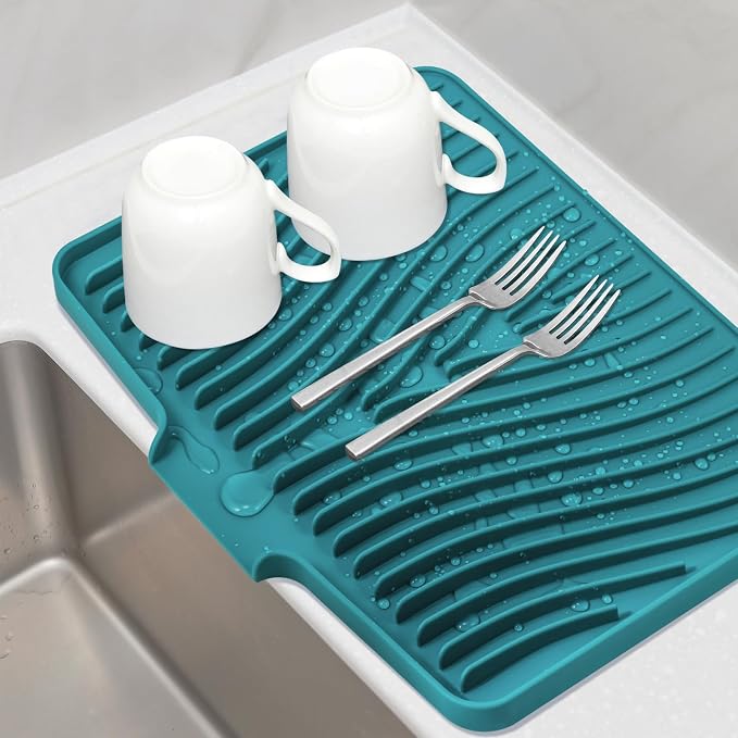 TIKNIK Silicone Dish Drying Mat for Kitchen Counter, Green-1pcs, 16" x 12" | Heat Resistant & Non-Slip Dish Drain Pad with Built-In Drain, Dishwasher Safe, Quick-Dry, Hangable & Roll-Up for Storage by TIKNIKHomeOutdoor