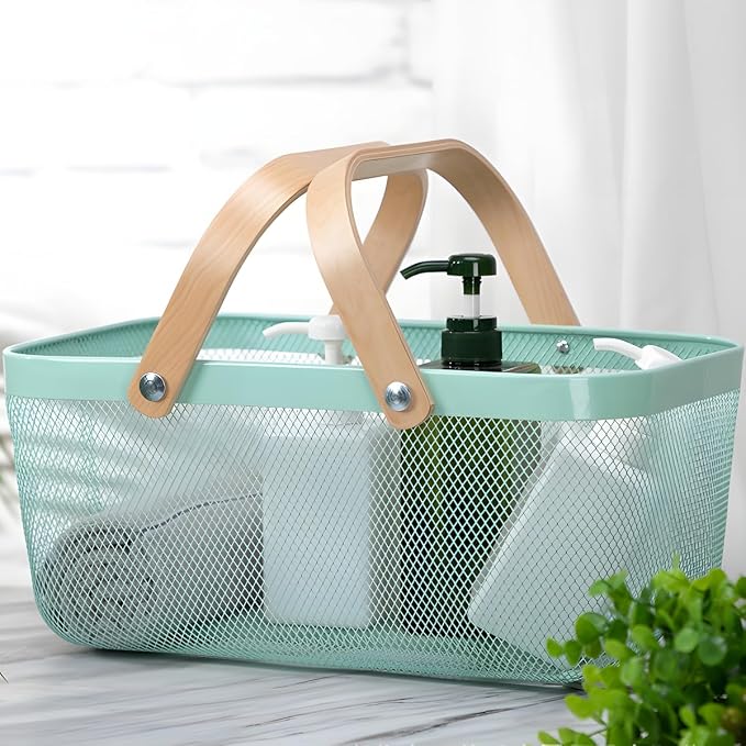 Portable Mesh Harvest Basket - Natural Bamboo Handle Foldable Organizer for Kitchen, Garden & Picnic | Ventilated Storage Bin with Rust-Proof Wire, Space-Saving Farmhouse Decor (Nebula Green) - Image 2
