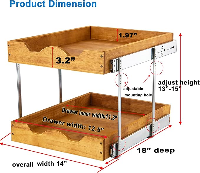 DINDON 2 Tier Pull Out Cabinet Organizer (14" W x 18" D) Slide Out Wood Drawer, Two Tier Sliding Shelf Organization and Storage… - Image 2