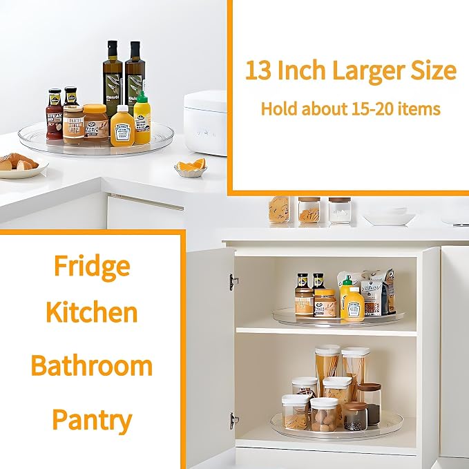 2-Pack 13Inch Lazy Susan Cabinet Organizer, Plastic Rotating Organizer Spice Rack Condiment Organizer for Pantry, Countertop, Cupboard, Refrigerator-Clear - Image 2