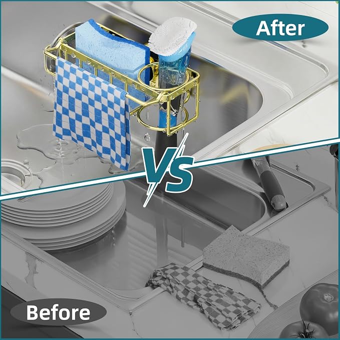 TAILI 4-in-1 Sink Caddy for Kitchen Sink with Strong Suction Cup-Gold | Removable Sponge Holder for Kitchen Sink Organizer, Rustproof 304 Stainless Steel Holder for Sponge, Brush, Scrubber, Scraper - Image 5