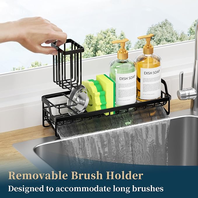 Consumest Sponge Holder for Kitchen Sink - Sink Caddy with Stainless Steel Self Drain Tray, Sink Organizer with High Brush Holder Countertop for Kitchen Sink Accessories, Black-Extra Large - Image 4