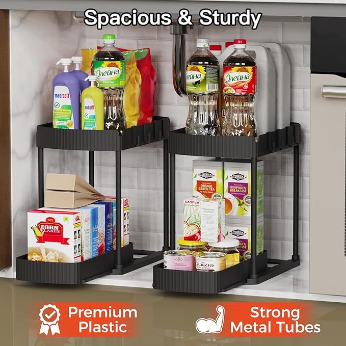 2 Packs Under Sink Pull-Out Storage Organizers, 12.8 Inches, Black | Multi-Purpose Cabinet Organizers and Storage for Bathroom & Kitchen - Image 3