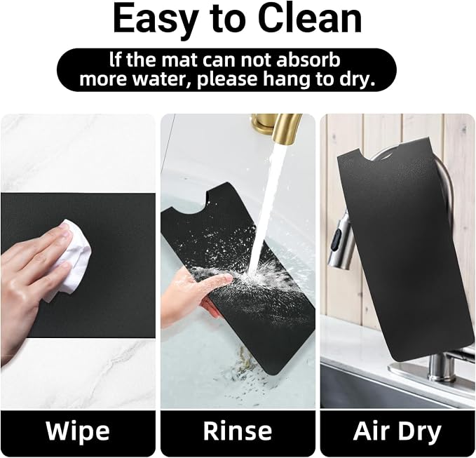 LOPNUR Cuttable Faucet Mat for Kitchen Sink, Extra Long 29 Inch, Black | Super Absorbent & Fast Dry Diatomite Sink Splash Guard, 0.8-2.4 Inch Adjustable Faucet Hole, Cut to Fit Bathroom & RV Sinks - Image 9