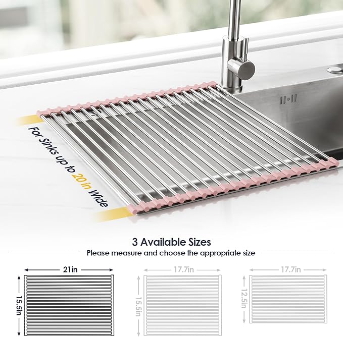 Tomorotec Roll Up Dish Drying Rack Over Sink, 304 Steel, 21x15.5, Pink | Anti-Slip Silicone Rims For Grip, Heat-Resistant Trivet Mat Holding Heavy Cookware, Rustproof Kitchen Counter Space Saver - Image 4