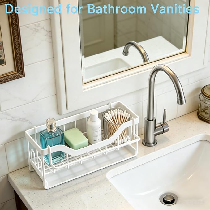Sponge Holder for Kitchen Sink - Sink Caddy Organizer with Auto Drain Tray, Detachable Towel Rack, Stainless Steel Kitchen Counter Organizer Rack (White) - Image 6