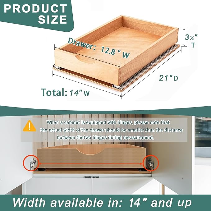 Pull Out Drawers for Kitchen Cabinets, Pull Out Cabinet Organizer, Fully Assembled Wood Cabinet Pull Out Drawer, Fast and Easy DIY Installation, 14”W x 21”D - Image 3