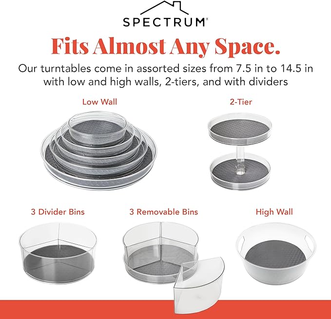 Spectrum Divided Turntable Organizer 11 in Charcoal Gray Lazy Susan Storage Organizer, 3 Divider Rotating Lazy Susan for Cabinet Fridge Pantry Table Countertop Under Sink Bath Kitchen Organization - Image 5