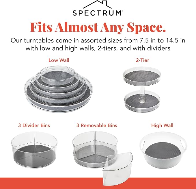 Spectrum Extra Large High Wall Turntable 12.25 in Pack of 2 Charcoal Gray XL Tall Lazy Susan Rotating Organizer for Kitchen Countertop Bath Cabinet Refrigerator Pantry Shelf Under Sink Organization - Image 5