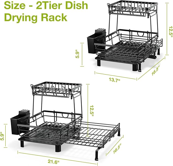 2-Tier Expandable Dish Drying Rack for Kitchen Counter, Black | Large Capacity Dish Rack Organization, Heavy-Duty Carbon Steel, 17 lbs Capacity, Swivel Drain Spout & Cup Hooks - Image 9