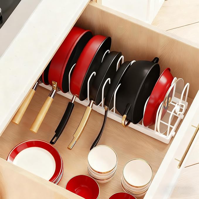 Expandable Pots and Pans Organizer Rack for Under-Cabinet Storage - Adjustable Kitchen Cabinet Organizer with 13 Dividers, Cutting Board Holder & 6 Non-Slip Silicone Pads-White - Image 7