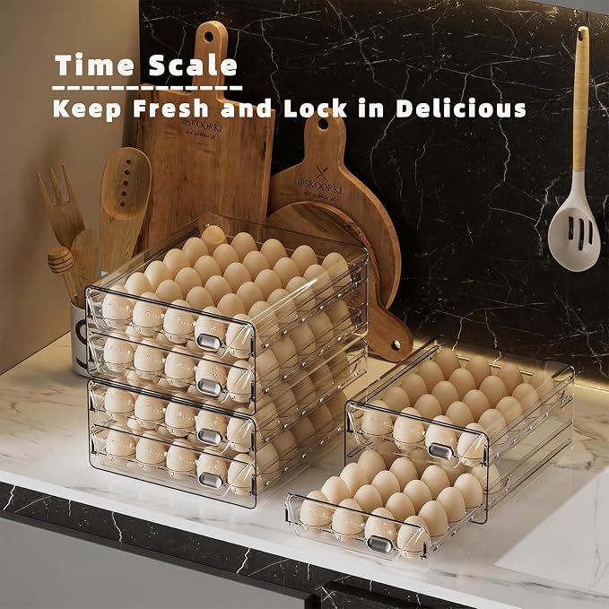 HIYOHIYO Clear 60 Grid Egg Organizer for Refrigerator with Drawers, 2-Tier | Large Capacity with Time Scale Marking | Sturdy Egg Storage for Fridge | Stackable Eggs Container for Fridge and Countertop - Image 3