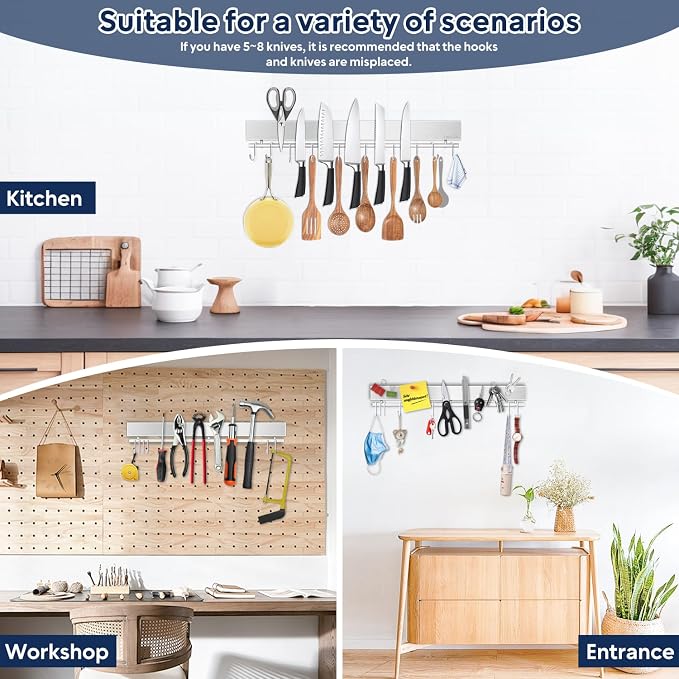 17 inch Magnetic Knife Holder with 10 Hooks, No Drilling Wall Mount, Powerful Magnet Rack - Image 7