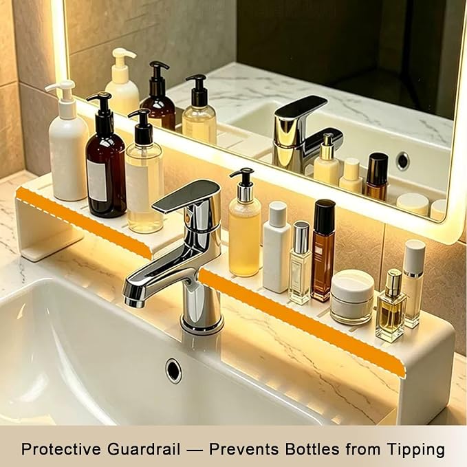 Vertical Faucet Storage Rack, Over the Sink Shelf, No-Drill Faucet Rack for Bathroom & Kitchen Countertop, Space-Saving Toiletry Organizer- Easy Drainage (Black,19.6in/50cm) - Image 5
