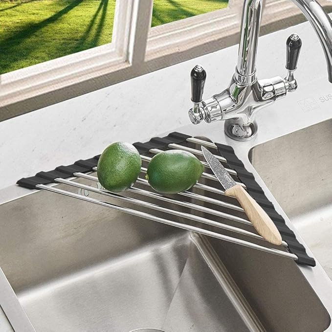Triangle Dish Drying Rack Multipurpose Roll-up Drying Rack for Sink Corner Stainless Steel Over The Sink Corner Dish Drainer Mat for Kitchen (Black) - Image 3