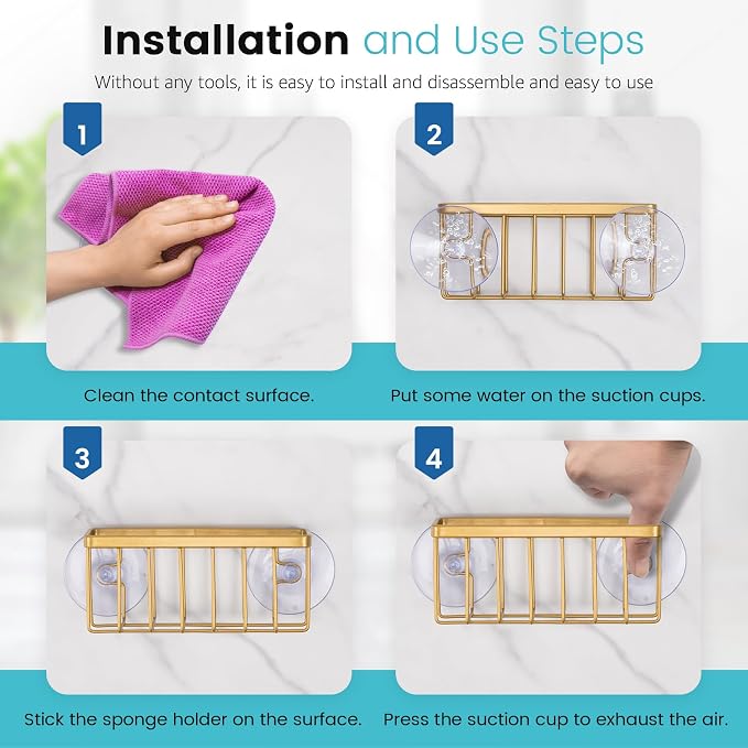 HLOOL Gold Sponge Holder for Kitchen Sink,Kitchen Sink Sponge Holder-Gold | Rustproof Kitchen Sink Organizer for Sponge, Brushes, Stoppers and Scrapers Storage Accessories - Image 5