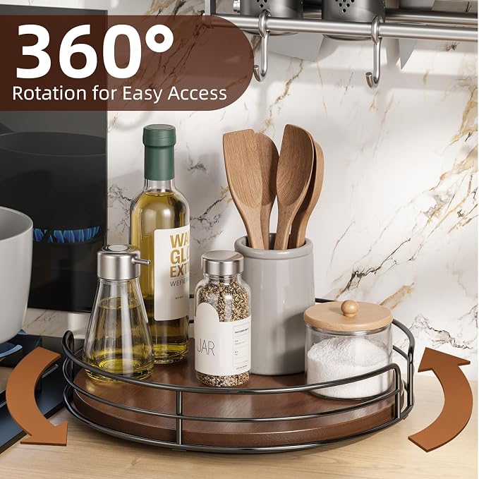 Optish 10" Elegant Lazy Susan, Non-Skid Turntable Spice Organizer, Wooden | 360° Smooth Rotation, Clear Design, Tall Raised Edge, Easy Access, Load 15 lbs, for Spices, Cabinet, Pantry, Fridge, kitchen - Image 2