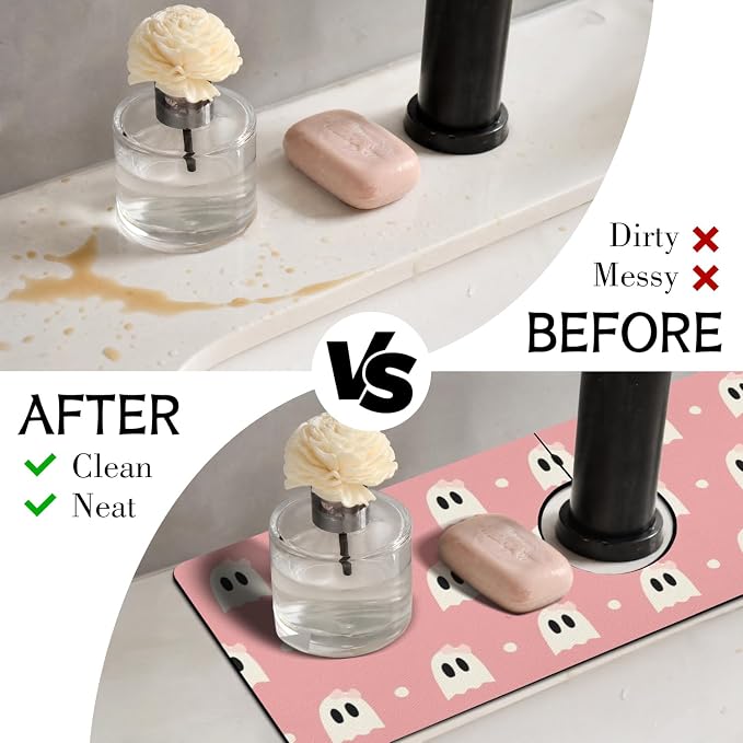 Halloween Kitchen Sink Splash Guard Faucet Mat,Pink Cute Ghosts Halloween Faucet Non-Slip Absorbent Mat,Farmhouse Sink Splash Guard Behind Faucet for Kitchen Bathroom,15"x5.5" - Image 3