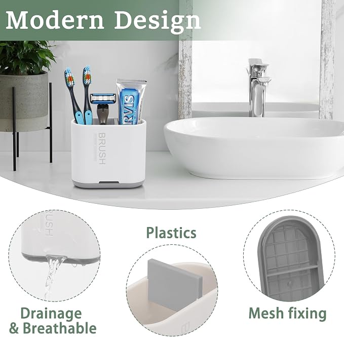 Toothbrush Holders Toothpaste Organizer for Bathrooms, White, Small | 2 Slots, Easy to Clean, Plastic, Kids Electric Toothbrush, Drainage, Removable, For Bathroom, Vanity, Kitchen Sink, Office - Image 2