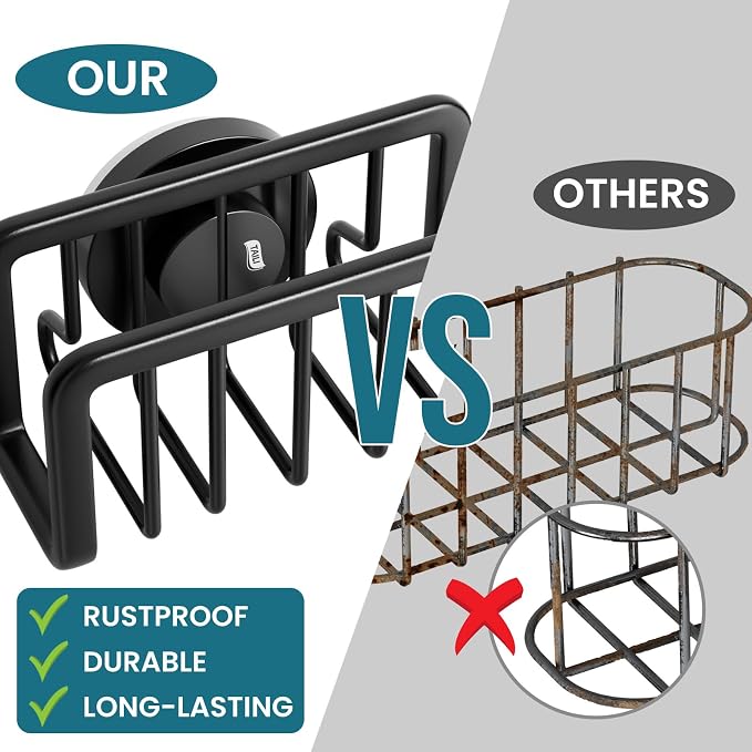 TAILI Rustproof Sponge Holder for Kitchen Sink with Suction Cup-Black | Rustproof Aluminum Sink Caddy for Sponges, Brushes, Stoppers & Scrapers,Removable Ventilated Quick-dry Design, Holds Up 11lbs - Image 4