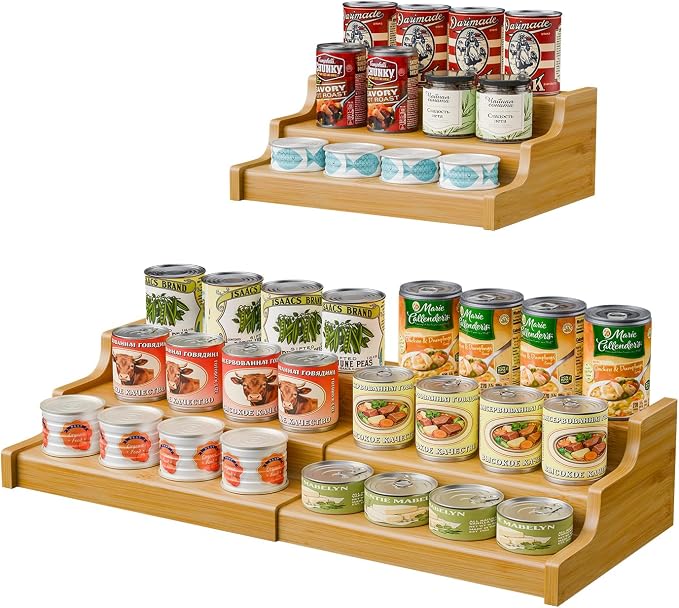 Simple Trending Expandable Bamboo Can Rack Organizer for Pantry, 3-Tier Adjustable Can Storage Holder Holds Up to 24 Cans, Canned Goods Storage Display for Cabinet, Countertop by SimpleTrending