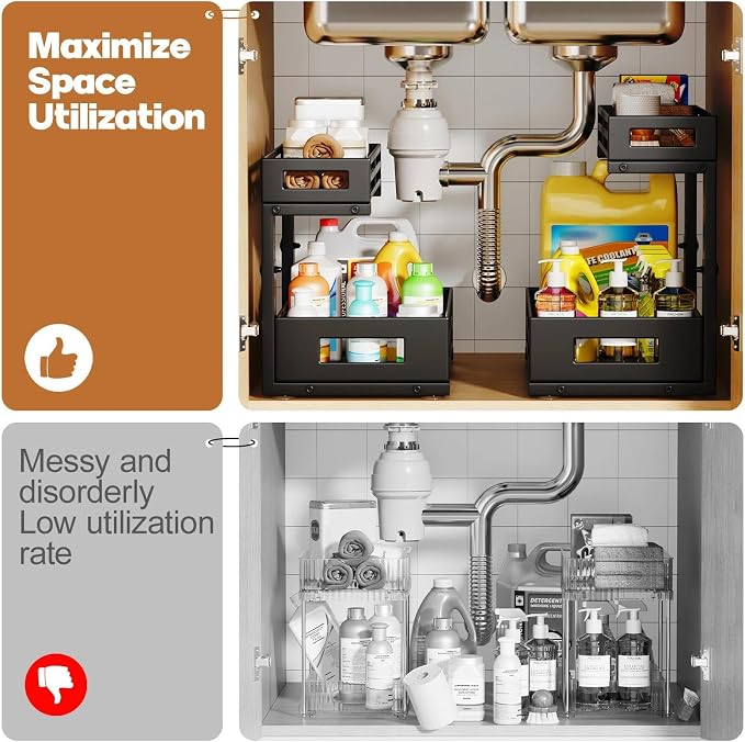 2-Pack Under Sink Organizer and Storage,2-Tier L Shape Pull Out Cabinet Organizer With Round Tube Slide Rails,Hight Adjustable Slide Out Drawers for Kitchen&Bathroom,Multi-Purpose Shelf-Black - Image 4