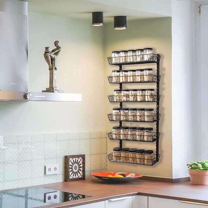 SWOMMOLY Adjustable Wall Mount Spice Rack, 6-Tier Dual-use (Multi-use) Organizer, Black | Hanging Spice Rack Organizer, Kitchen Pantry Cabinet Storage Holder for Spices, Mason Jars, Bottles & Cans, Black - Image 2