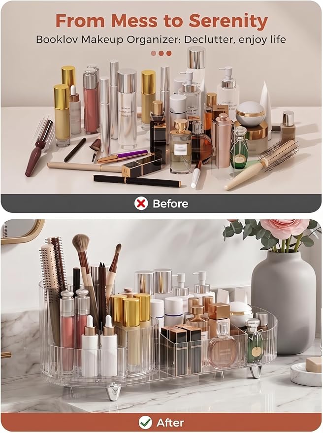 Booklov Rotating Makeup Organizer for Vanity Countertop, Clear | Clear Acrylic Cosmetic Display Case, Large Beauty Brush Holder for Bathroom Counter, Skincare Lipsticks Storage - Image 6