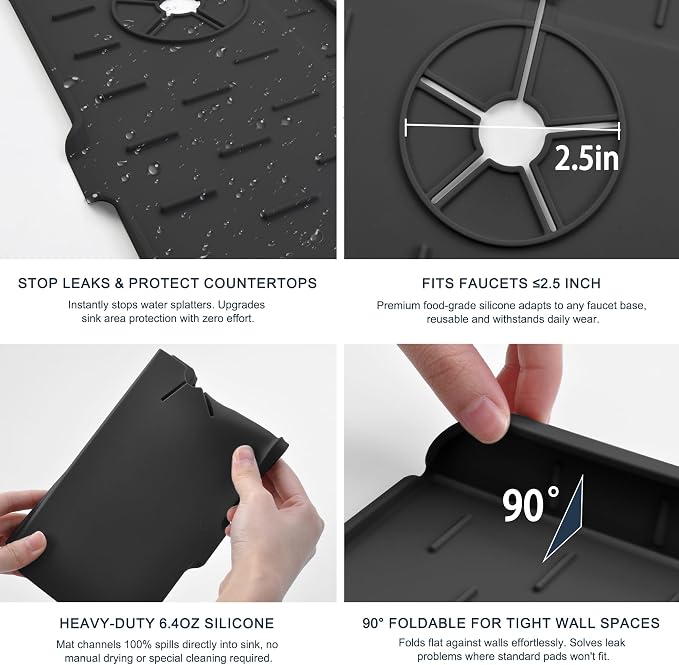 Kitchen Faucet Sink Splash Guard - Faucet Guard & Draining Mat Black | Silicone water catcher mat, Sink drain pad behind fauce; Sink rubber mat, Faucet Mat, kitchen bathroom protect around faucet - Image 5