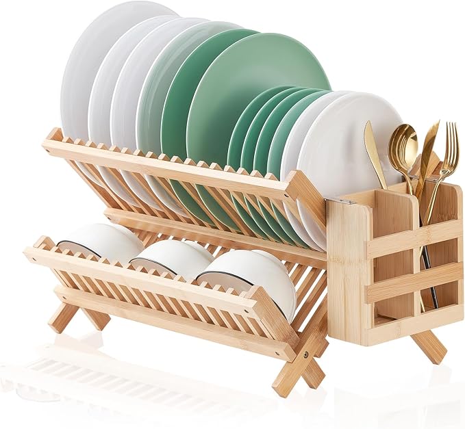 Bamboo Dish Drying Rack, 2 Tier Collapsible Dish Rack with Utensil Holder, Wooden Dish Drying Rack for Kitchen Counter, Large Folding Drying Holder, Dish Drainer 34 pcs Grid | Wooden Dish Drying Rack with Utensil Holder for Kitchen Counter, Large Foldi... - Image 9