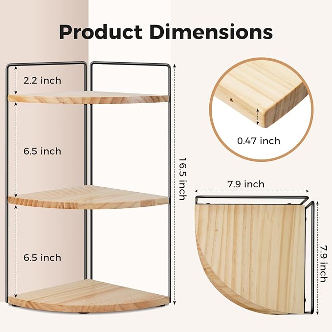 3 Tier Corner Bathroom Counter Organizer – Solid Wood + Metal Stand, Bathroom Countertop Organizer for Skincare, Makeup & Vanity, Space-Saving Rustic Storage for Sink, Kitchen & Bathroom - Image 3