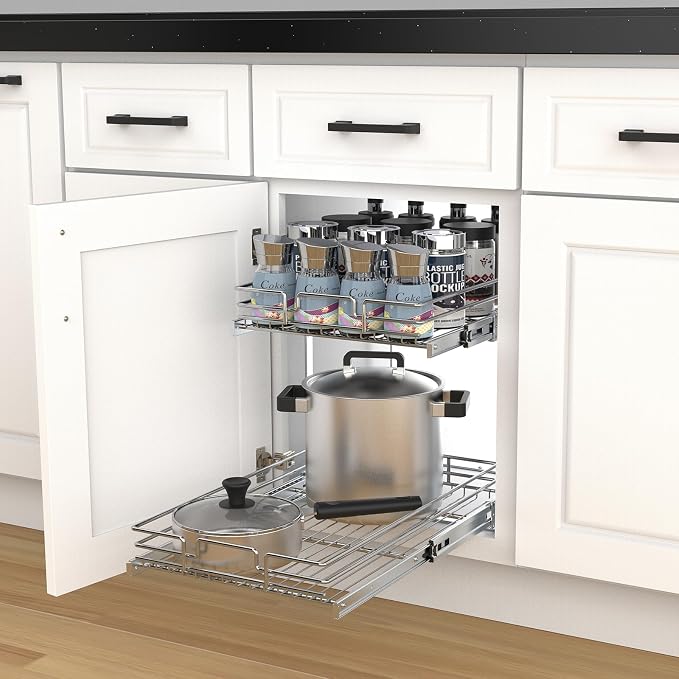 2 Tier Pull Out Cabinet Organizer, 17" W x 21" D Heavy-Duty Metal Sliding Drawer Shelf for Kitchen Cabinets, Chrome, Doesn't Include Door Fittings - Image 9