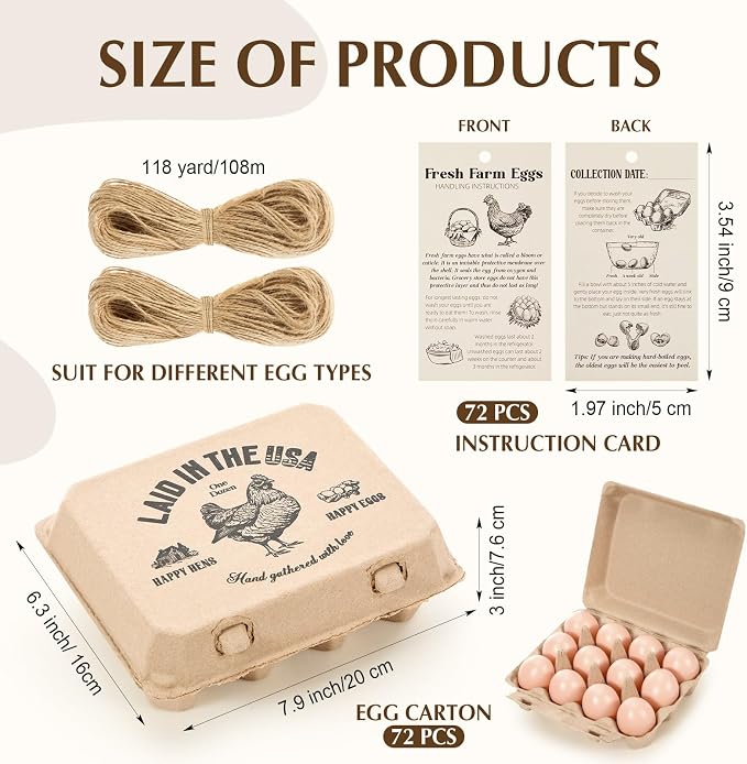 72 Pack Egg Cartons Bulk 3x4 12-Egg Paper Pulp with Label Cards | Empty Holders for Farm Fresh Produce, Vintage Style, Instruction Cards Jute Rope, Supermarkets Kitchen, Blank Customizable - Image 3