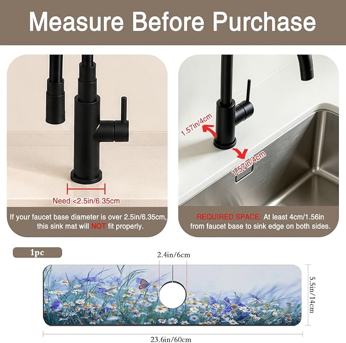 Kitchen Faucet Mat Beautiful Flowers Butterfly Sink Splash Guard Behind Faucet Draining Mat Kitchen Accessories Non-slip Easy to Clean for Bathroom & Kitchen 24"X5.5" - Image 2