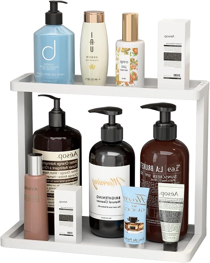 PEKER Bamboo Bathroom Organizer Countertop – Small Vanity Storage Shelf for Makeup, Perfume, Skincare – Natural Cosmetics Display Rack for Dresser, Sink, Kitchen –White by Unknown