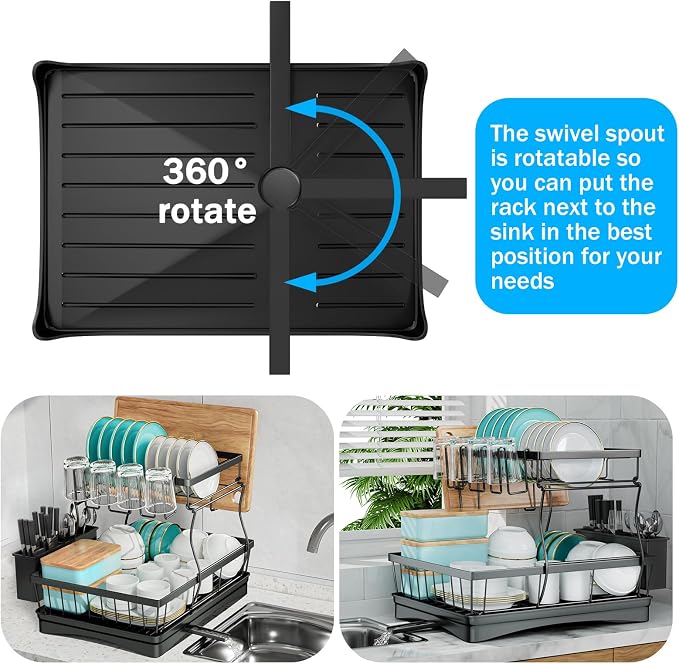 7 code 2-Tier Large Dish Drying Rack for Kitchen Counter, Black | Detachable Large Capacity Dish Drainer Organizer with Auto Drain, Anti-Rust Dish Rack with Cup & Utensil Holders - Image 2