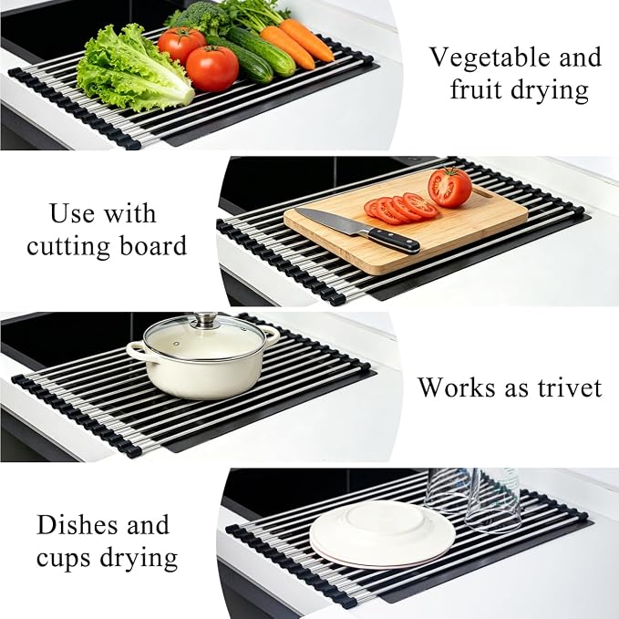 Roll Up Dish Drying Rack 17.5''x11.8'' Black | Kitchen Rolling Dish Drainer, Foldable Sink Rack Mat Stainless Steel Wire Dish Drying Rack for Kitchen Sink Counter Storage - Image 5