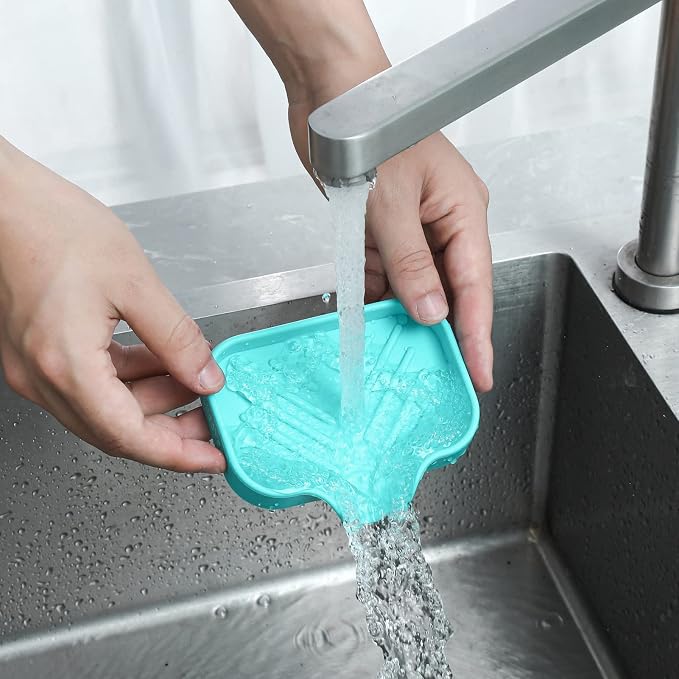 MicoYang Silicone Soap Dish with Drain Spout, Self-Draining Sink Organizer Tray for Bathroom and Kitchen, Sponges, Dispensers and Soap Holder, Non-Slip and Dishwasher Safe, Mint (Compact, 4.9"×3.2") - Image 9