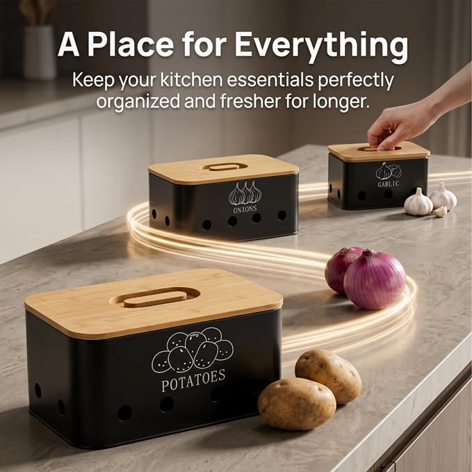 3 Pack Potato Onion Garlic Storage Set, Bamboo Lids | Metal Vegetable Storage Bins with Vents, Large Capacity Canister Black Food Container for Kitchen, Pantry - Image 8
