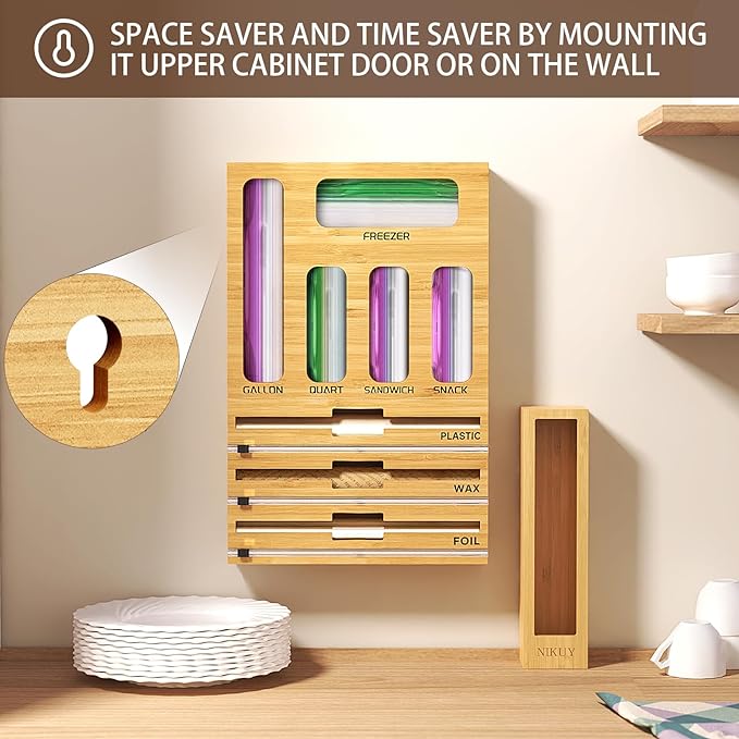 9 IN 1 Bamboo Foil and Plastic Wrap Organizer for Kitchen Drawer, Plastic Bag Organizer Organization and Storage, Food Storage Bag Organizer with Labels for Quart Gallon Snack Sandwich Bag - Image 4