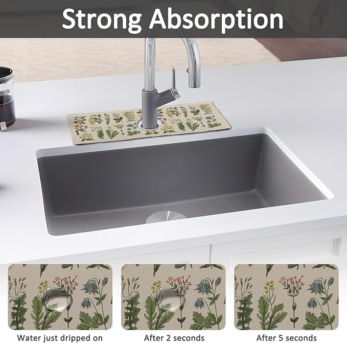 15" X 5.5" Kitchen Sink Splash Guard Faucet Mat Floral Super Absorbent Fast Drying Faucet Guard & Draining Mat Sink Splash Guard Behind Faucet for Kitchen, Bathroom - Image 3